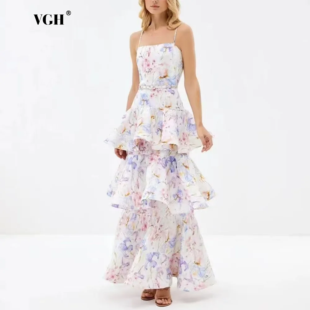 

VGH Colorblock Printing Camisole Dress for Women Square Collar Sleeveless High Waist Tiered Long Dresses Female Summer Fashion