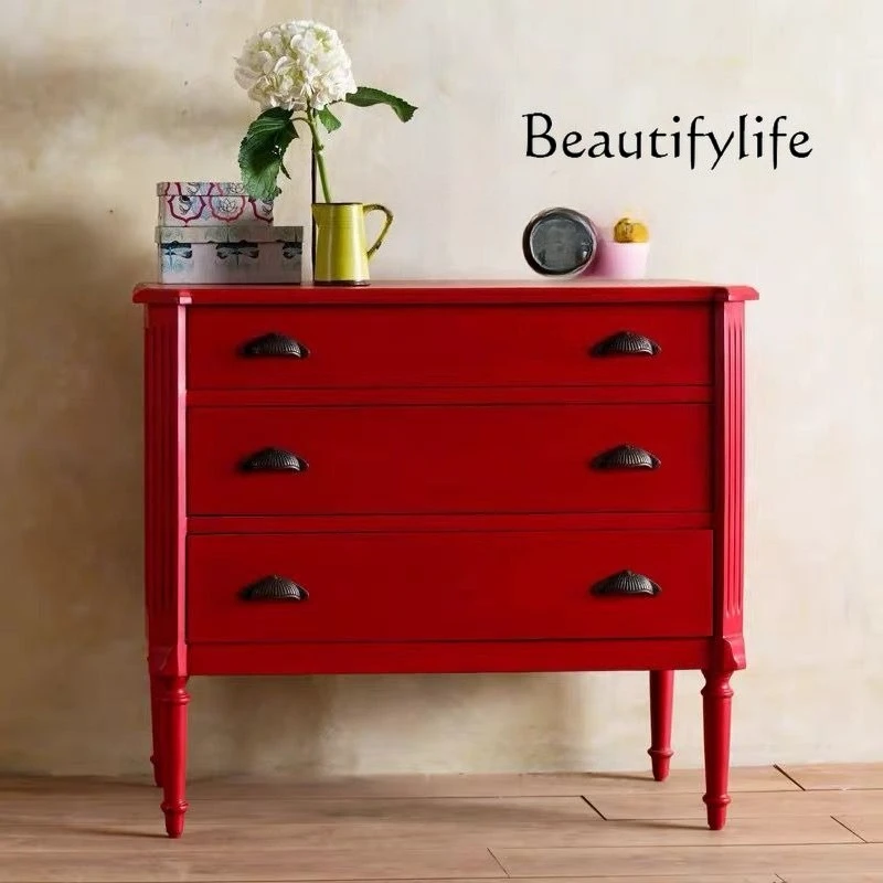 French retro solid wood carving flower bucket cabinet American country living room decorative locker foyer storage cabinet bedsi