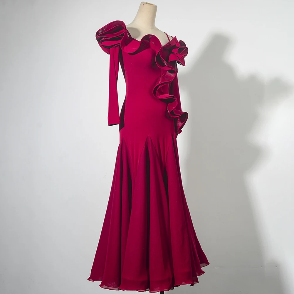 

Women New Chiffon Performance Costume Sling Ballroom Dance dress Championship Llace Collar Modern Dance Competition Long Sleeve