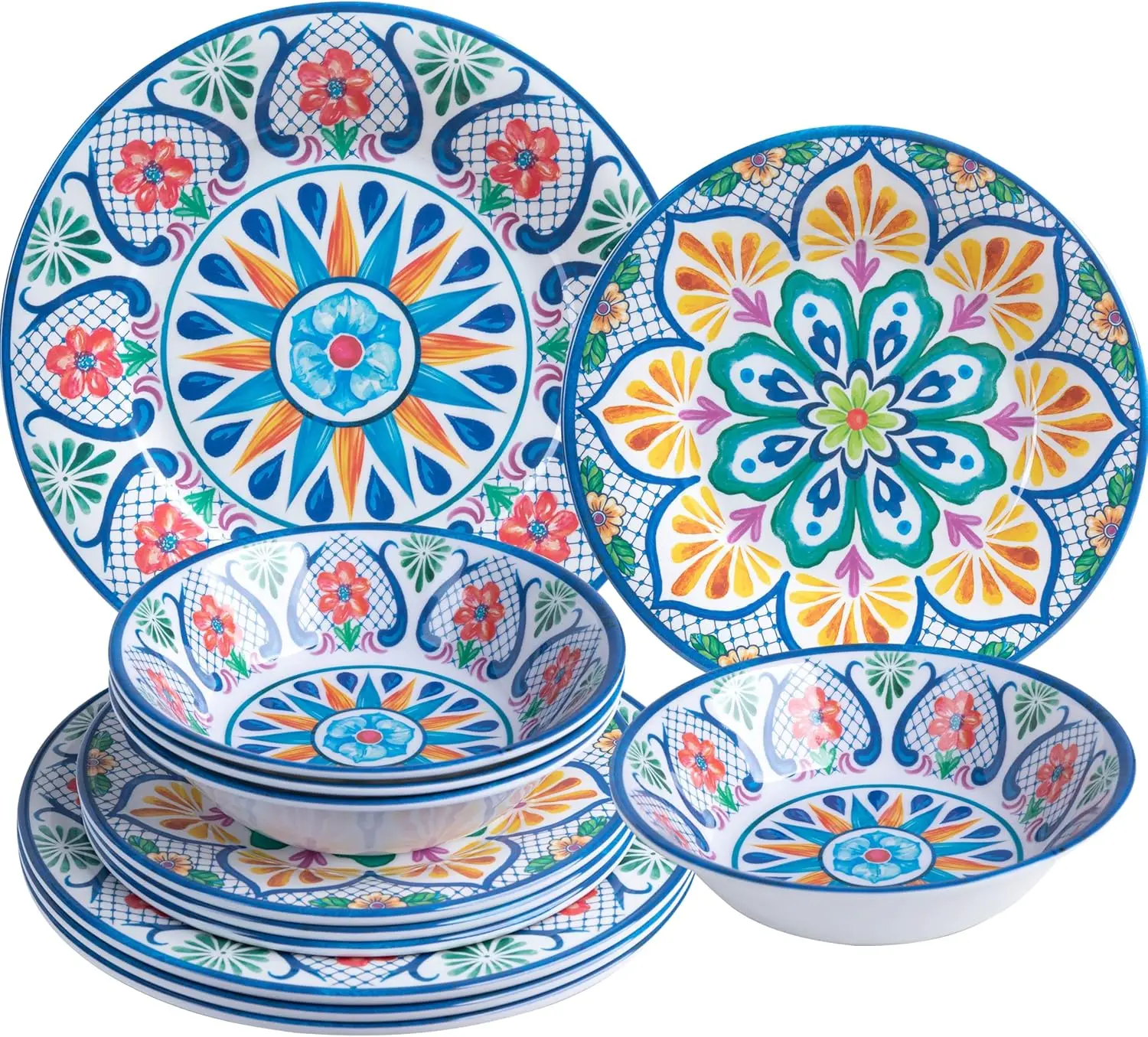 

Melamine Dinnerware Sets, 12-Piece Dinner Dishes Set for 4, Durable & Non Breakable Plates Bowls Set
