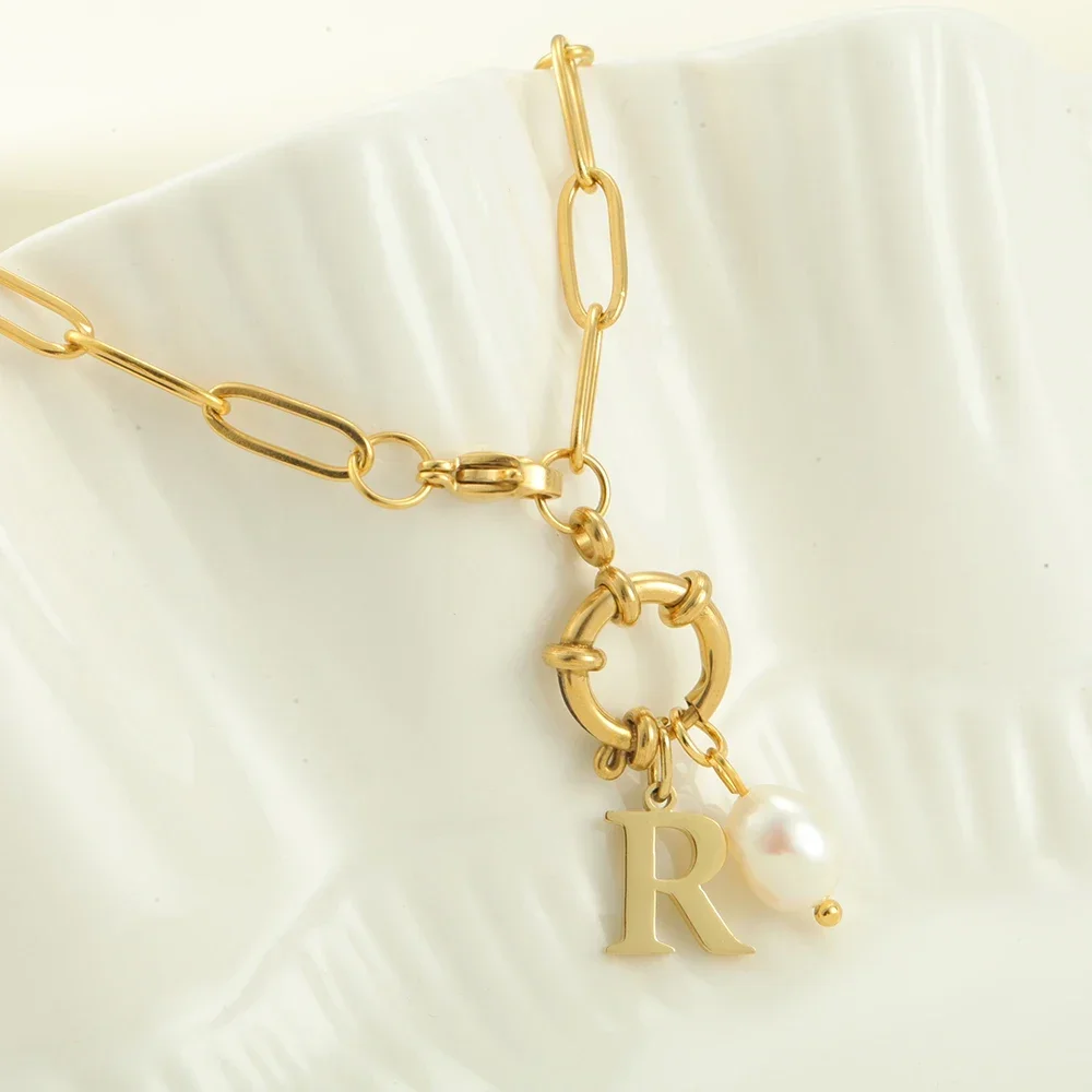 2PCS Women Stainless Steel Golden Choker Necklace Snap Hook Pearl Pendant with Initial Letter Pendants Women\'s Jewelry Gift 2025