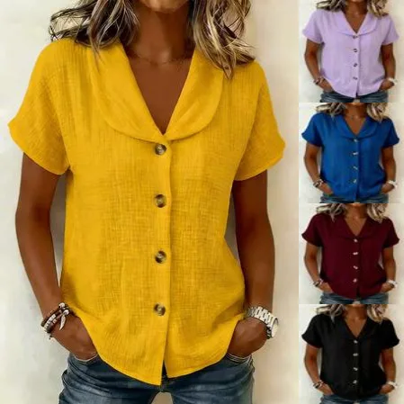

Simple Style Solid Color Cotton Linen Shirt Women Single-breasted Cardigan Lapel Blouse Female Casual Bubble Half Sleeve Top New