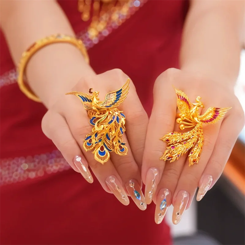 New Chinese style palace style gradient enamel color point feather golden phoenix women's ring