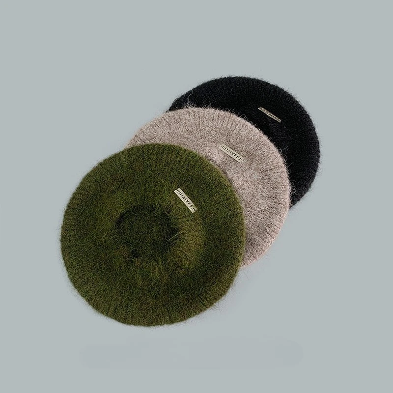 Japanese Style Mohair with Iron Lable Knitted Beret Women Vintage Trend Warm Painter Hat Female Artist Hat Ladies Autumn Winter