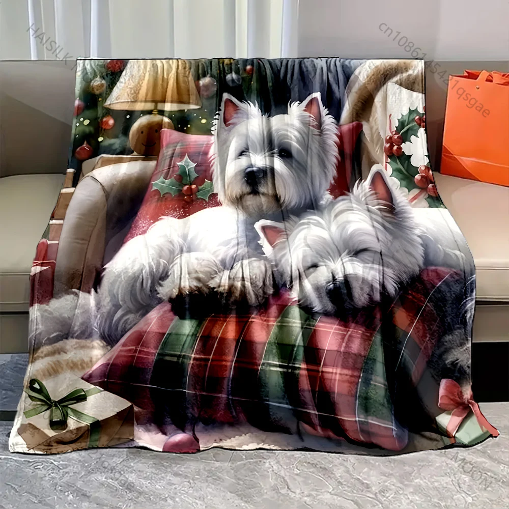2 West Highland White Terriers Christmas Theme Pattern Blanket Flannel Material Soft Warm for All Seasons Home Outdoor Camping