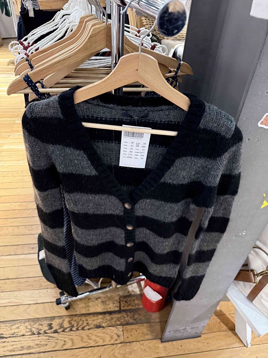 Striped Knitted Long Sleeve Sweater Cardigan Autumn V-neck Cotton Thin  Knitwear Tops Woman Vintage Slim New All-match Sweaters