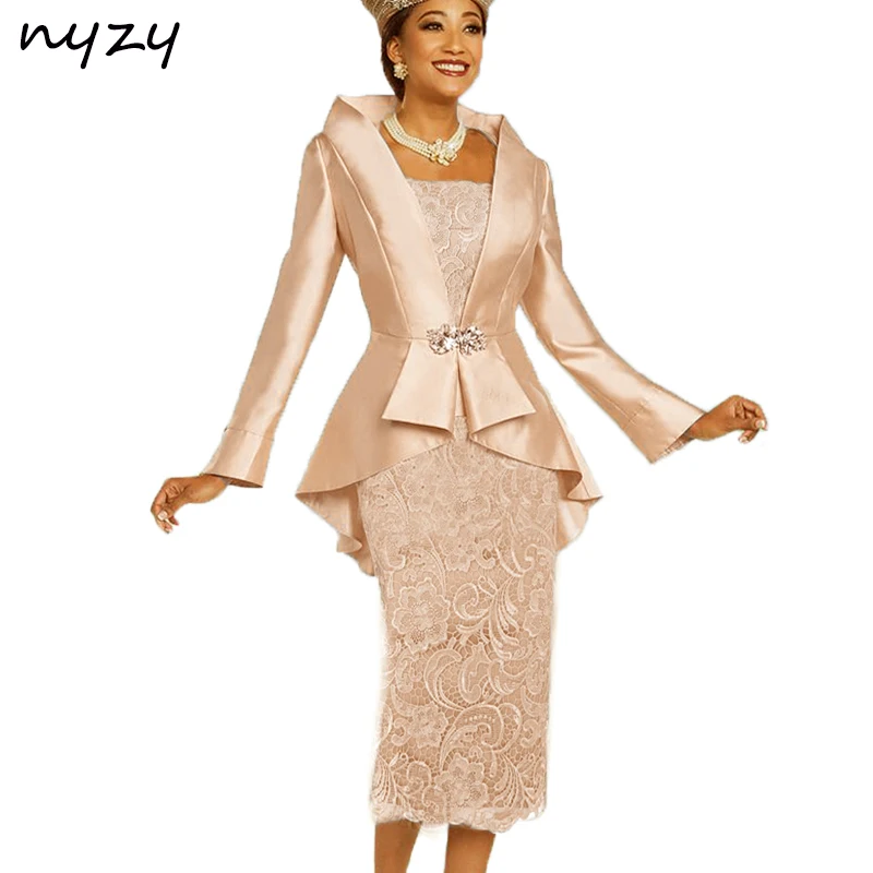 NYZY Customized 2 Piece Short Mother Of the Bride Dress with Coat 2026 Long Sleeves Gold Wedding Guest Dress Lace Church Suit
