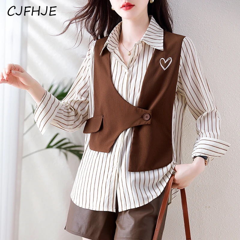 CJFHJE camicetta a righe ricamata in due pezzi finta moda nuova camicetta coreana con colletto rovesciato a maniche lunghe top eleganti