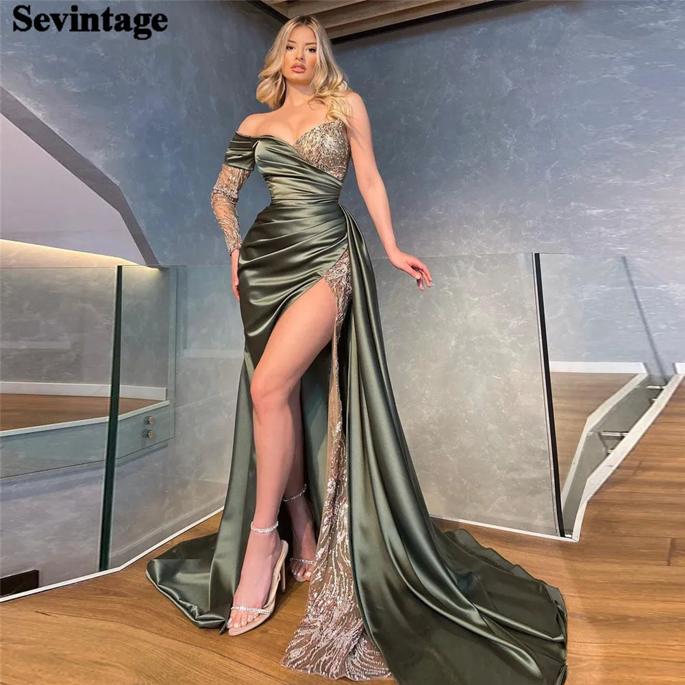 

Sevintage Vintage Green Satin Prom Dress Mermaid Sweetheart Sequineds Pleated Floor Length Evening Dress vestido de gala 2024