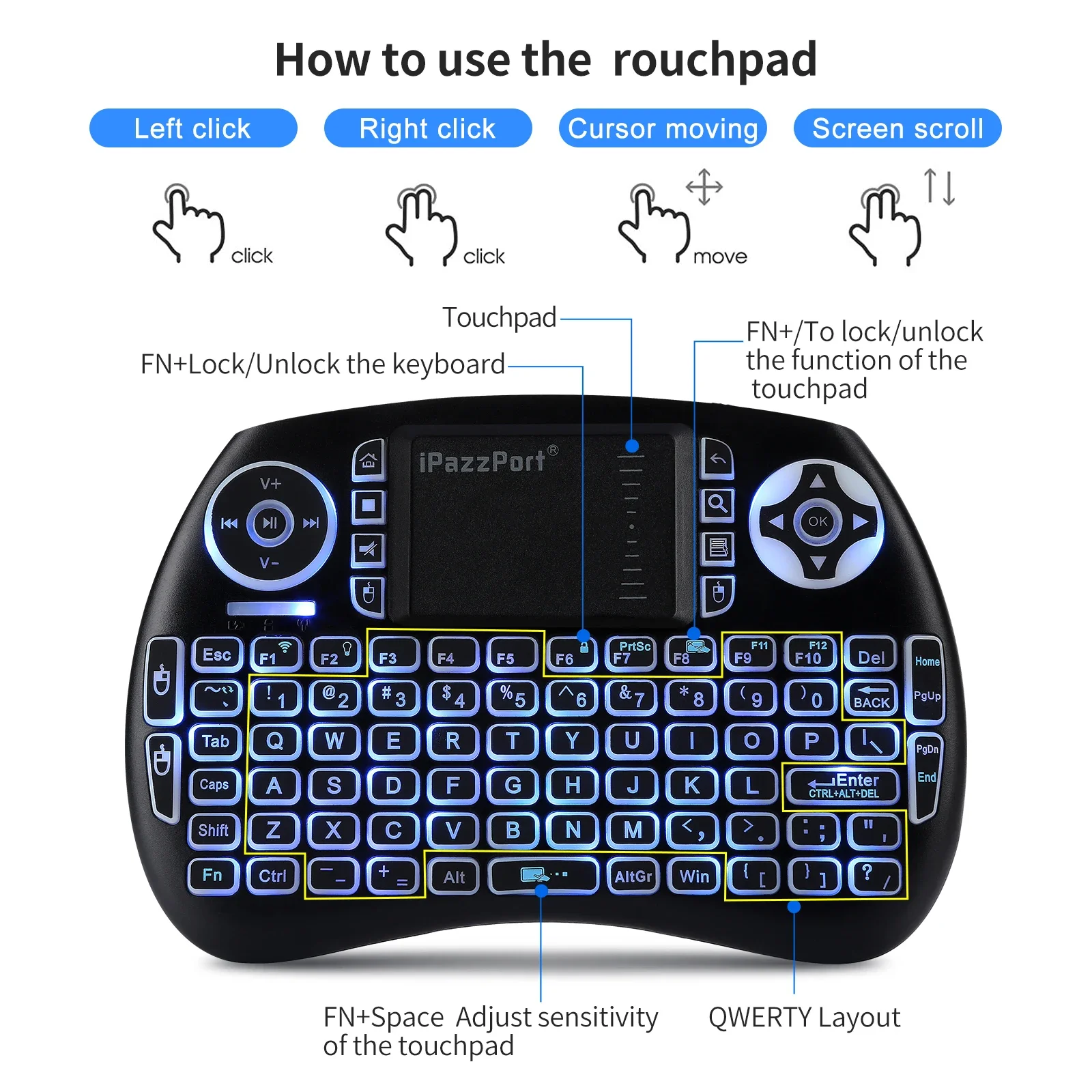 Mini teclado Bluetooth atualizado iPazzPort com touchpad, retroiluminado e recarregável, mod duplo 2.4G para Fire TV/Android/PC/Raspberry Pi