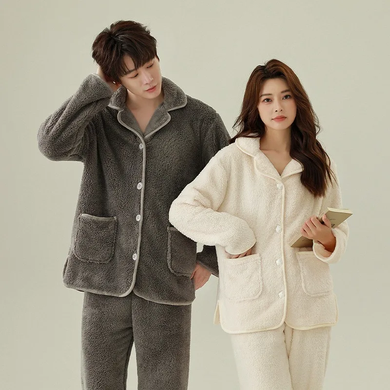 Suit Men Women Super Soft Couple Pajamas Winter and Fleece Heavy Coral Flannel Solid Color Home  Cosy Thermal Pajamas Winter