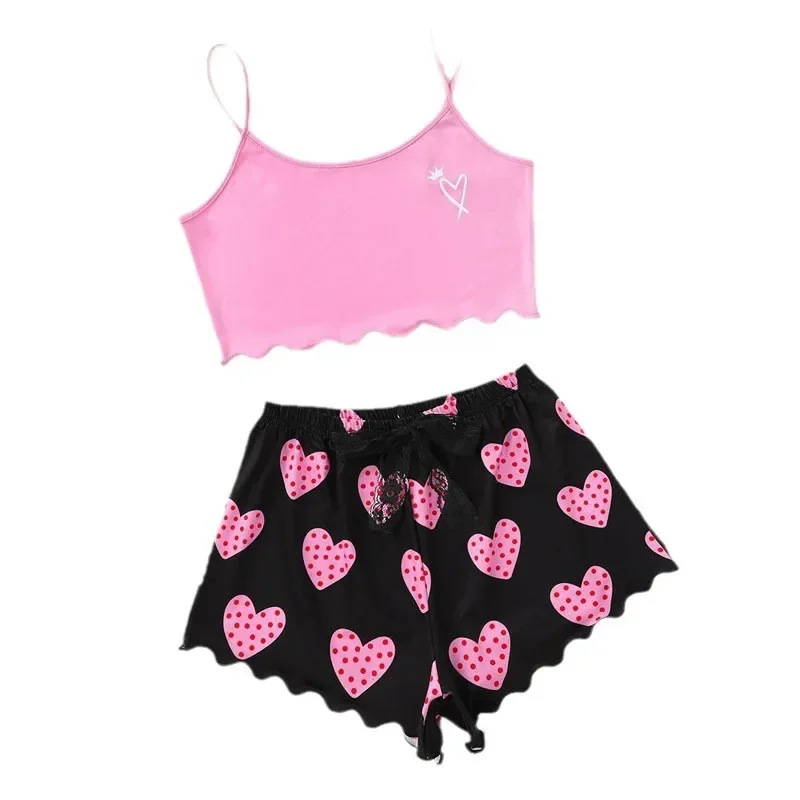 Heart Print Lettuce Women Pajama Set Sleeveless O Neck Crop Top & Lace-Up Shorts 2 Pieces Female Sleepwear Summer Nightwear