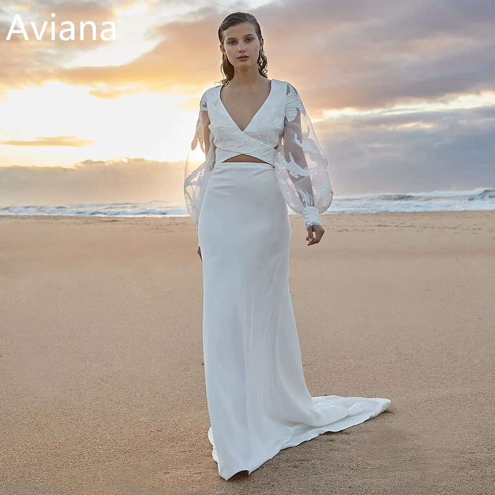 Customized Elegant V-Neck Long Sleeve Mermaid Wedding Dresses Backless Cross Sweep Train Bridal Gowns Vestido De Novia 2025