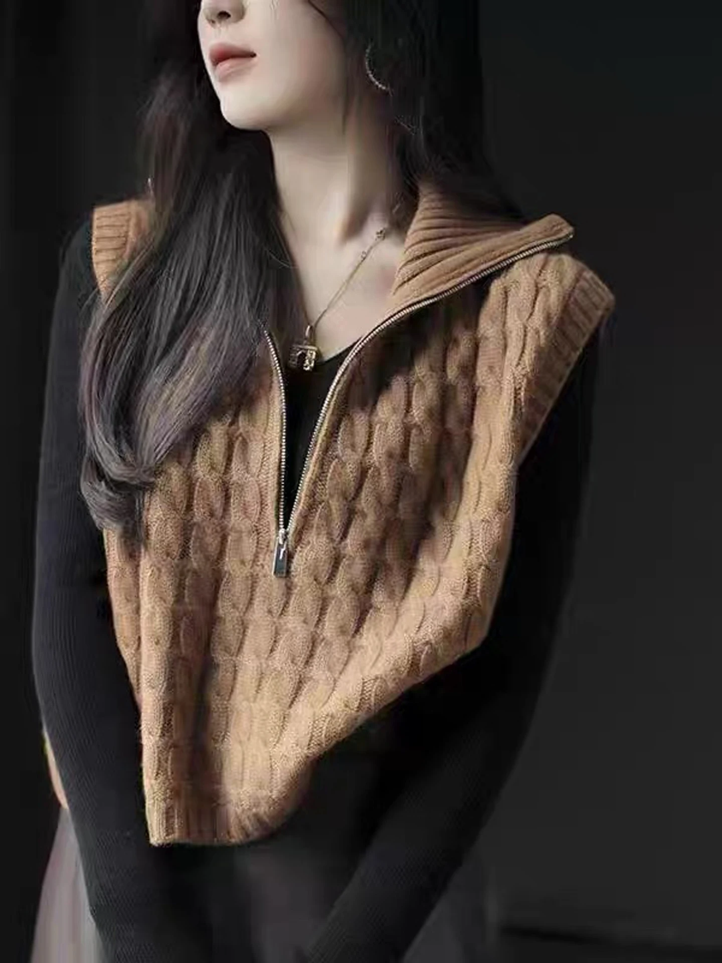 Herbst hochgeschlossene Strickweste mit halbem Reißverschluss, Damenpullover aus reinem Kaschmir, dicke Herbst- und Winter-Twist-Pullover-Weste
