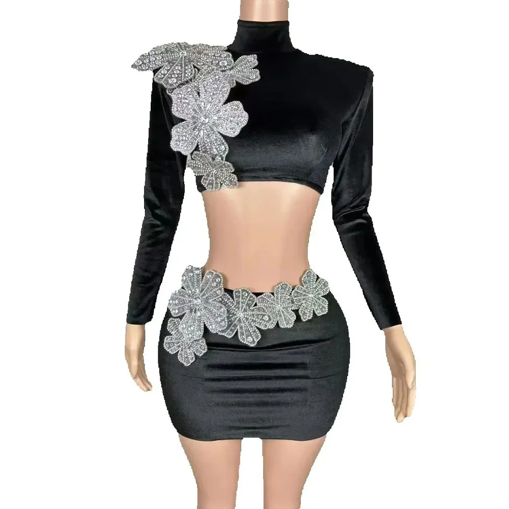 

Sparkly Rhinestones Long Sleeve Crop Top Short Skirt Set Women Sexy Celebrate Evening Club Prom Birthday Dress Photoshoot Wear