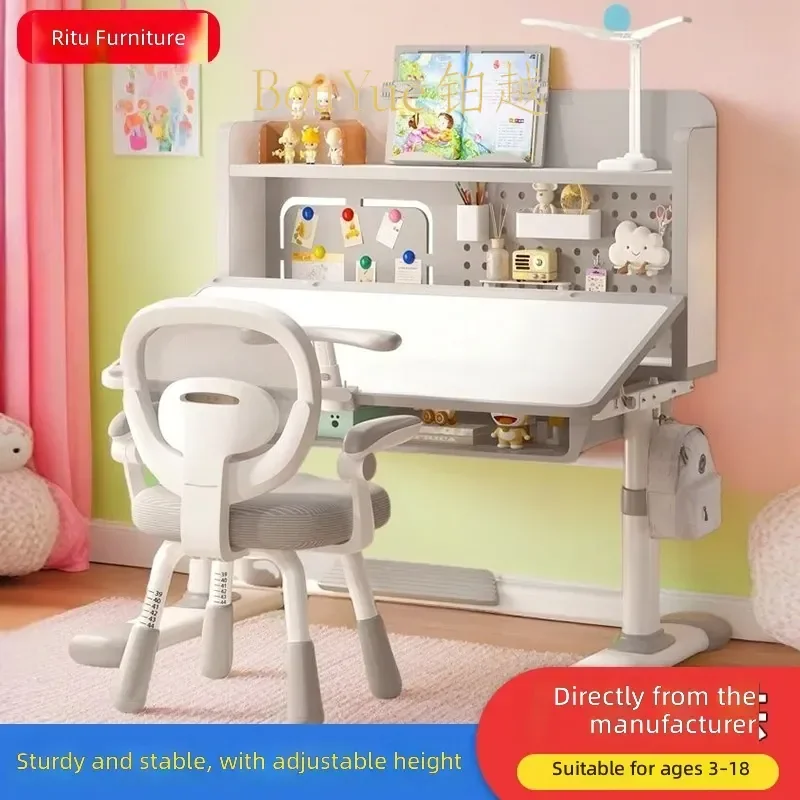 Adjustable Height Kids Study Desk and Chair Set Ergonomic Tilt Top Learning Table for Children Student Writing Homework