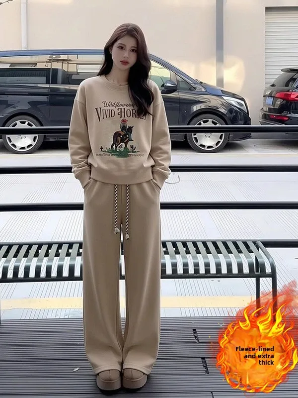 

Women's Thiened Fce Sports Set Casual Sle Sweatirt Wide Leg Pants Two-Piece Suit Autumn Winter Leisure Faion