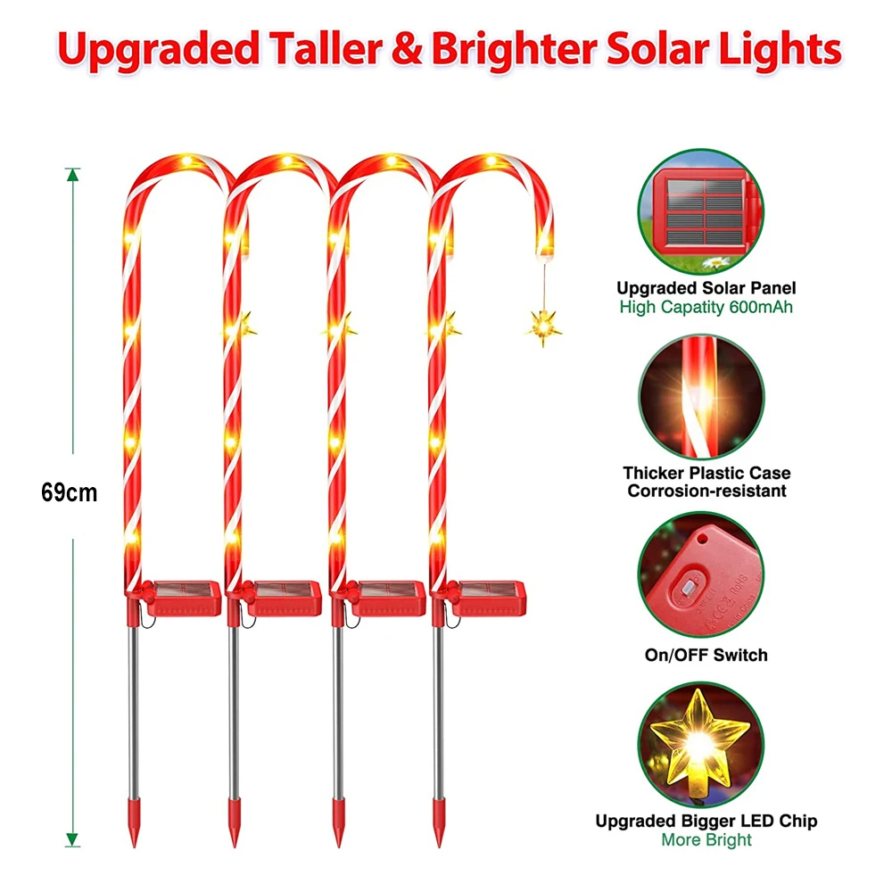 6-1pcs Solar Christmas Walking Candy Cane Stick Lights Outdoor Patio Fairy Cane Landscape Lamp for Garden New Year Holiday Decor