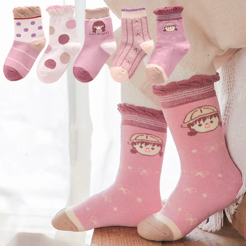 

5 пар милых клубничных носков, средние носки принцессы для девочек, весенне-осенние детские теплые носки, детские хлопковые носки для детей от 3 до 8 лет, обувь