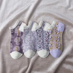 2023 new college style three-dimensional small floral socks pastoral style pure cotton boat socks retro forest boat socks