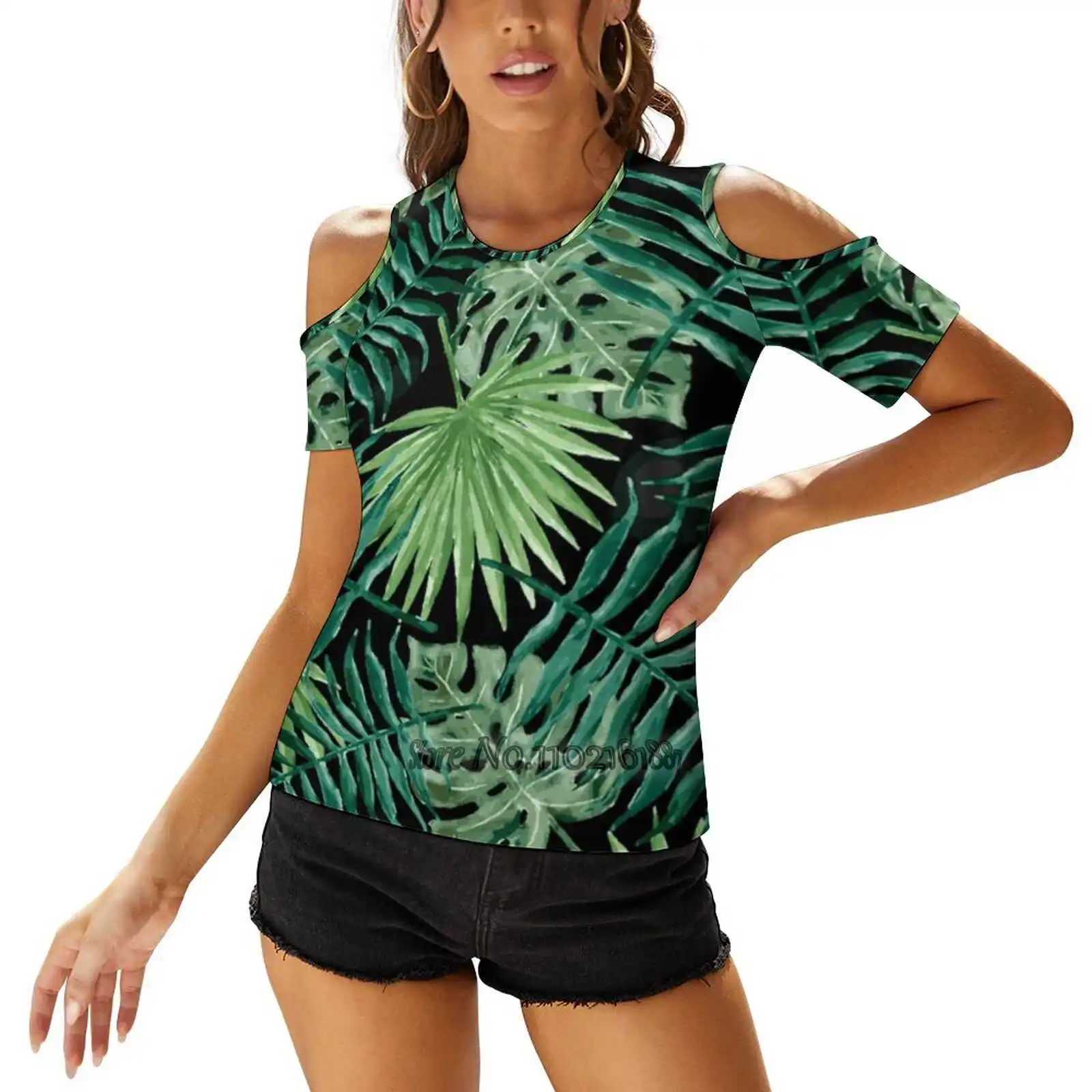 Tropical Foliage Woman's Casual Sexy T-Shirt One Shoulder Lacing T Shirts Elegant Beach Party Tops Palm Fronds Tropical Foliage