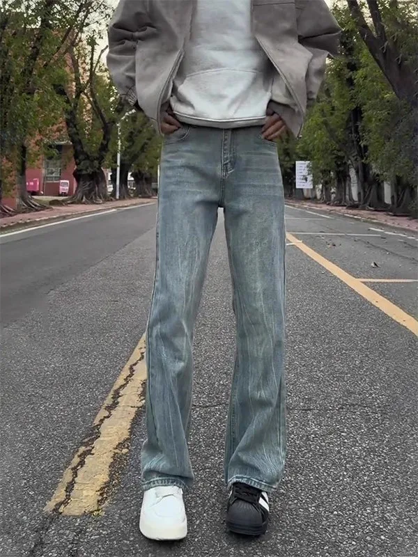 

Мужские джинсы с синим бамбуковым узором, расклешенные, осенне-зимние, в стиле High Street, приталенные, прямые, длинные брюки в американском стиле