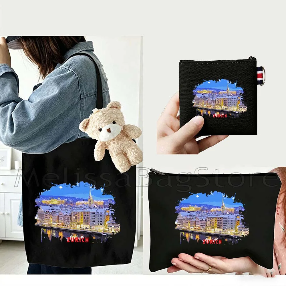 4PCS Gifts Set Zurich Switzerland Black Canvas Tote Bag Handbag with Doll Key Coin Purse Cosmetic Makeup Toilet Bag Case Pouch