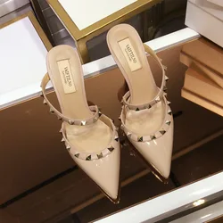 2024 Brand New Genuine Leather Women's Sandals Fashion Rivet High Heels Classic Pointed Pumps Sexy Party Women's Wedding Shoes