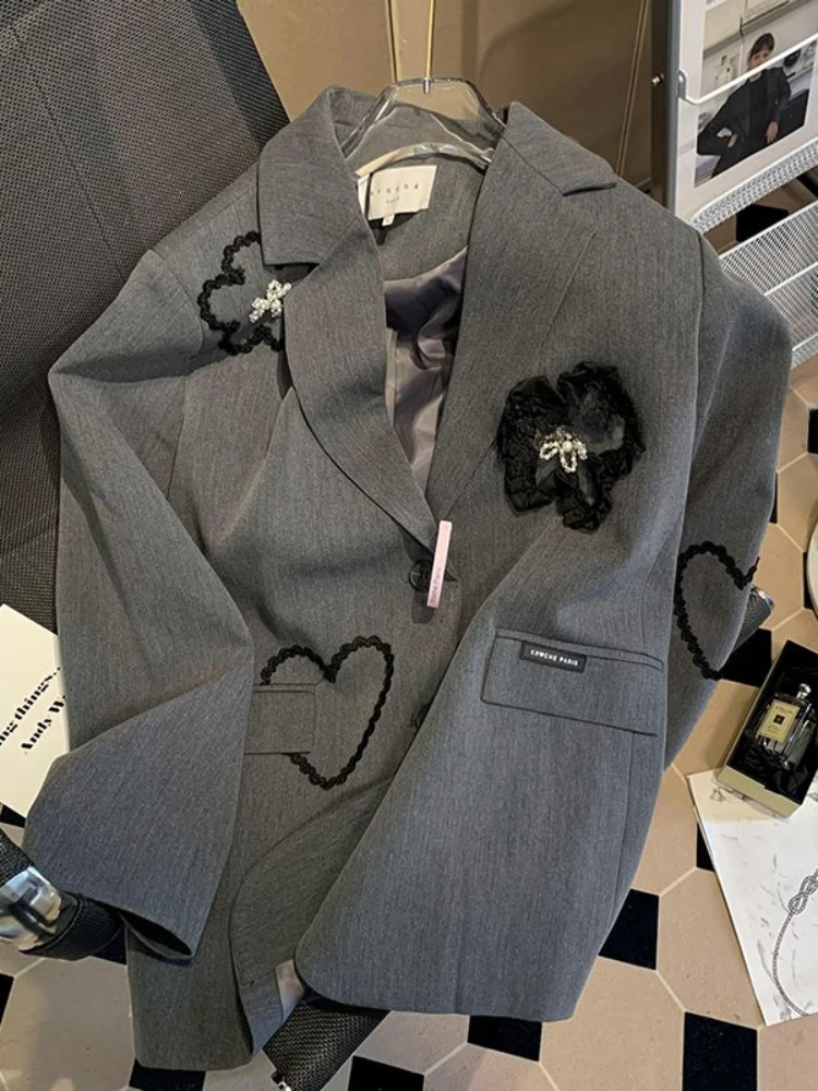 Temperamento blazer para mulher 3d floral rendas bordado casual moda outerwear solto casaco coreano de mujer senhora do escritório chique novo