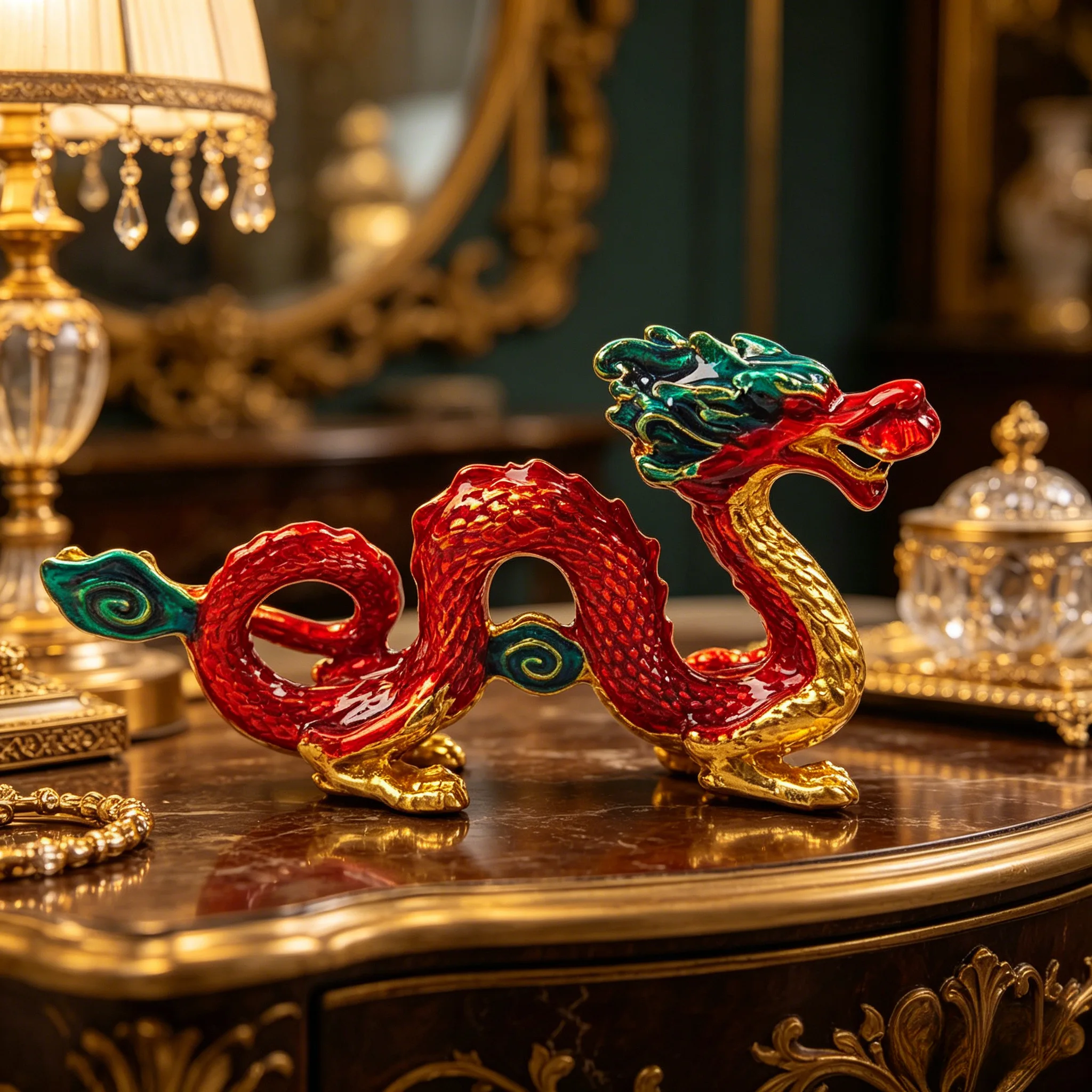 1 piece of vintage brass enamel auspicious dragon ornaments Chinese style red dragon desktop decoration crafts