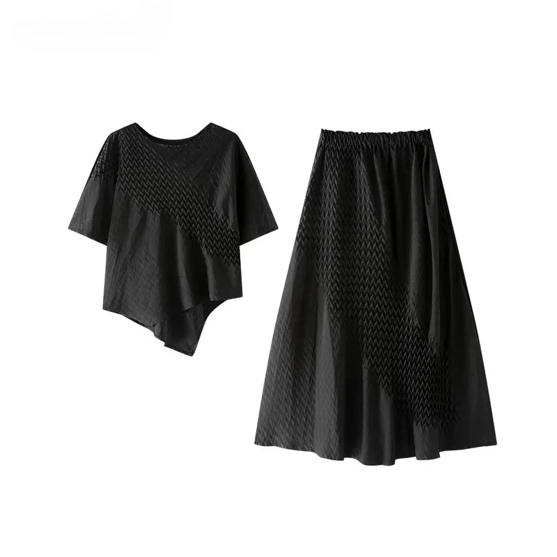 

Miyake Fashion Casual Folding Two Pieces Set Women's Round Neck Short Sleeve Irregular Top + A-Line Skirt 2025 Summer New Wave