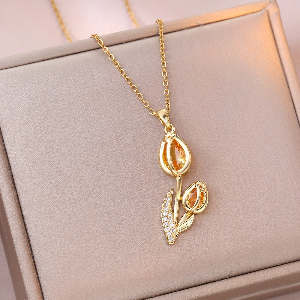 Elegant Enamel Tulip Flower Pendant Necklace for Women Girl Green Leaf Necklace Choker Party Jewelry Gift