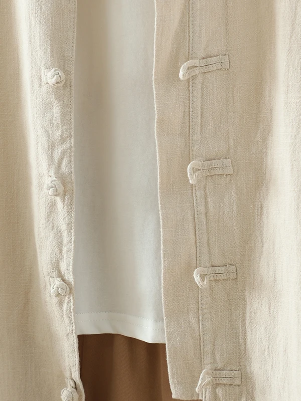 レトロスタイルの女性用コットンリネンルーズフィットシャツカジュアルアウターウェア長袖ボタンアップ茶道服芸術的な禅スタイル