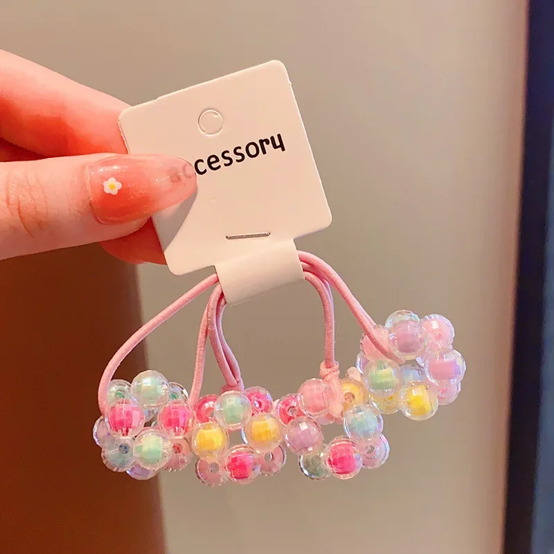 2pcs/set Colorful Beads Ball Elastic Hair Bands for Girls Candy Sweet Rubber Scrunchies Kids Hair Ties Gum Headwear