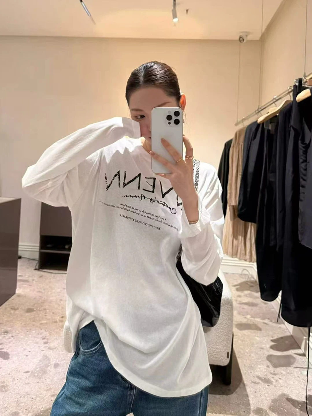 

Футболка с длинным рукавом в американском стиле, с круглым вырезом, с буквенным принтом, свободного кроя, средней длины, женская повседневная хлопковая блузка для похудения