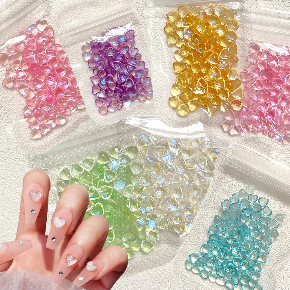 

100Pcs 3D Aurora Heart Nail Glitter Rhinestone Transparent Spray Painted Glass Heart Spacer Beads 3/6/8mm Shining DIY Nail Parts