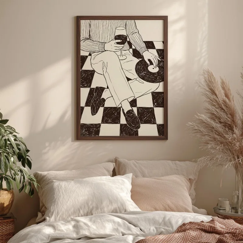 Vinyl Record Wall Art Retro Wine Music Poster Canvas Painting Print Fashion Simple Line Drawing Living Room Kitchen Bar Decor