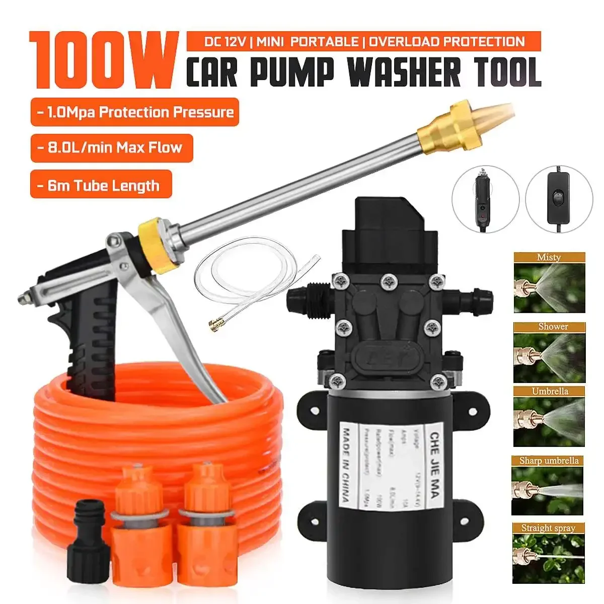 100W Household Car Wash Pump Portable High Pressure Electric Car Wash Washer 200PSI 12V Car Washer Washing Machine