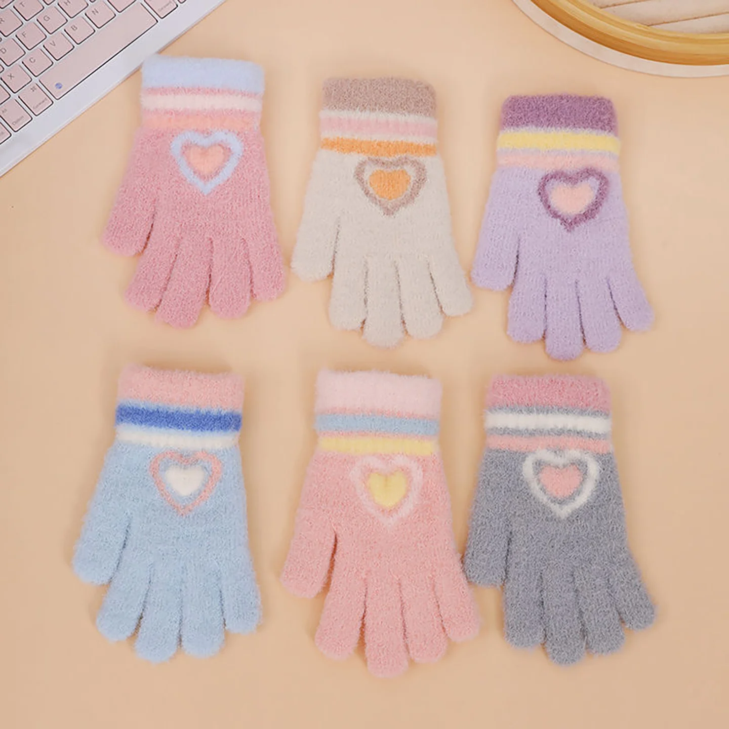 Warm Knitted Heart Shaped Gloves for Girls Elementary School Students Cute Plush Fingered Five Fingers Windproof Medium Thick...