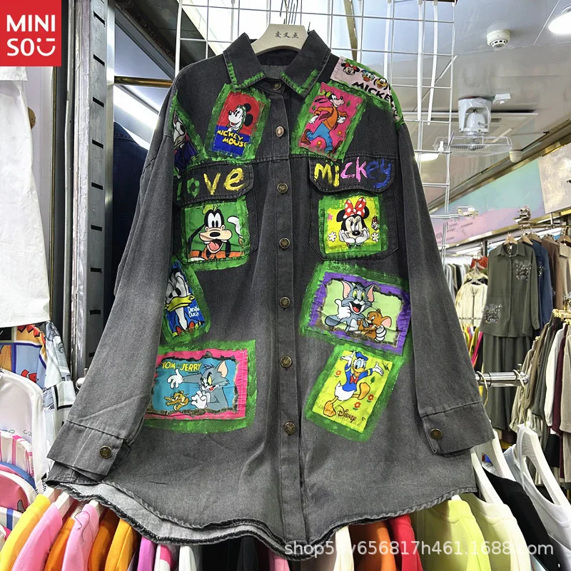 

DisneyHand-painted Graffiti Denim Jacket Women 2025 Loose Cartoon Labeling Medium and Long Shirt Top