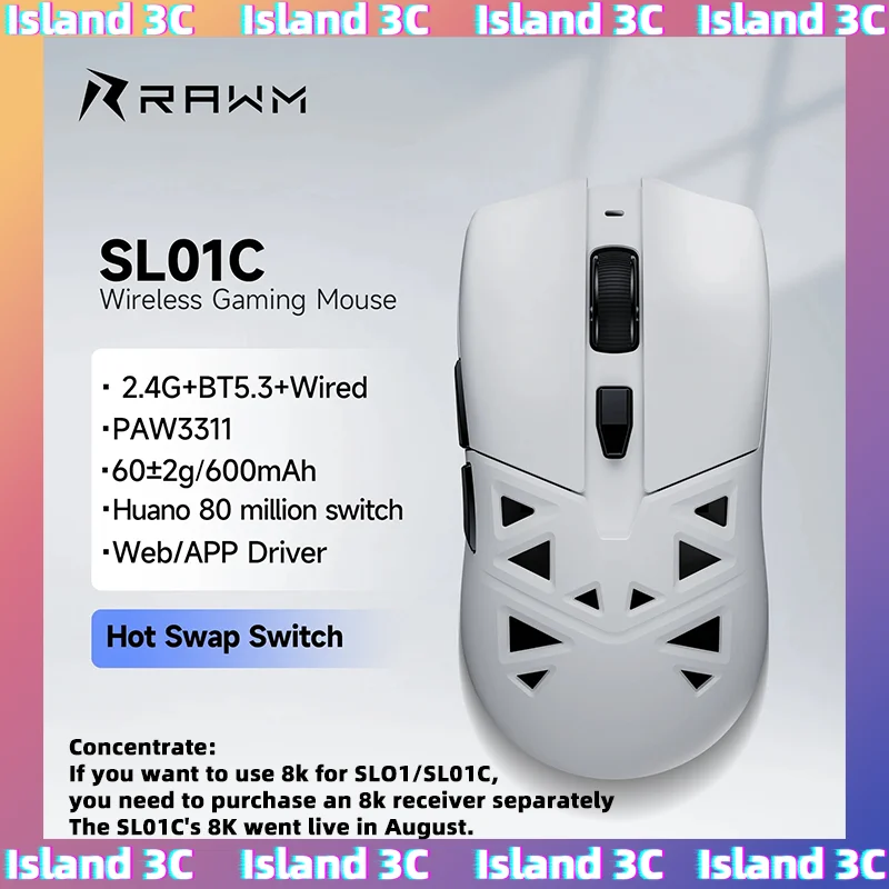 

RAWM SL01C Беспроводная легкая игровая Bluetooth-мышь, трехрежимная киберспортивная геймерская мини-полая PAW3311, ПК, ноутбук, офисные аксессуары