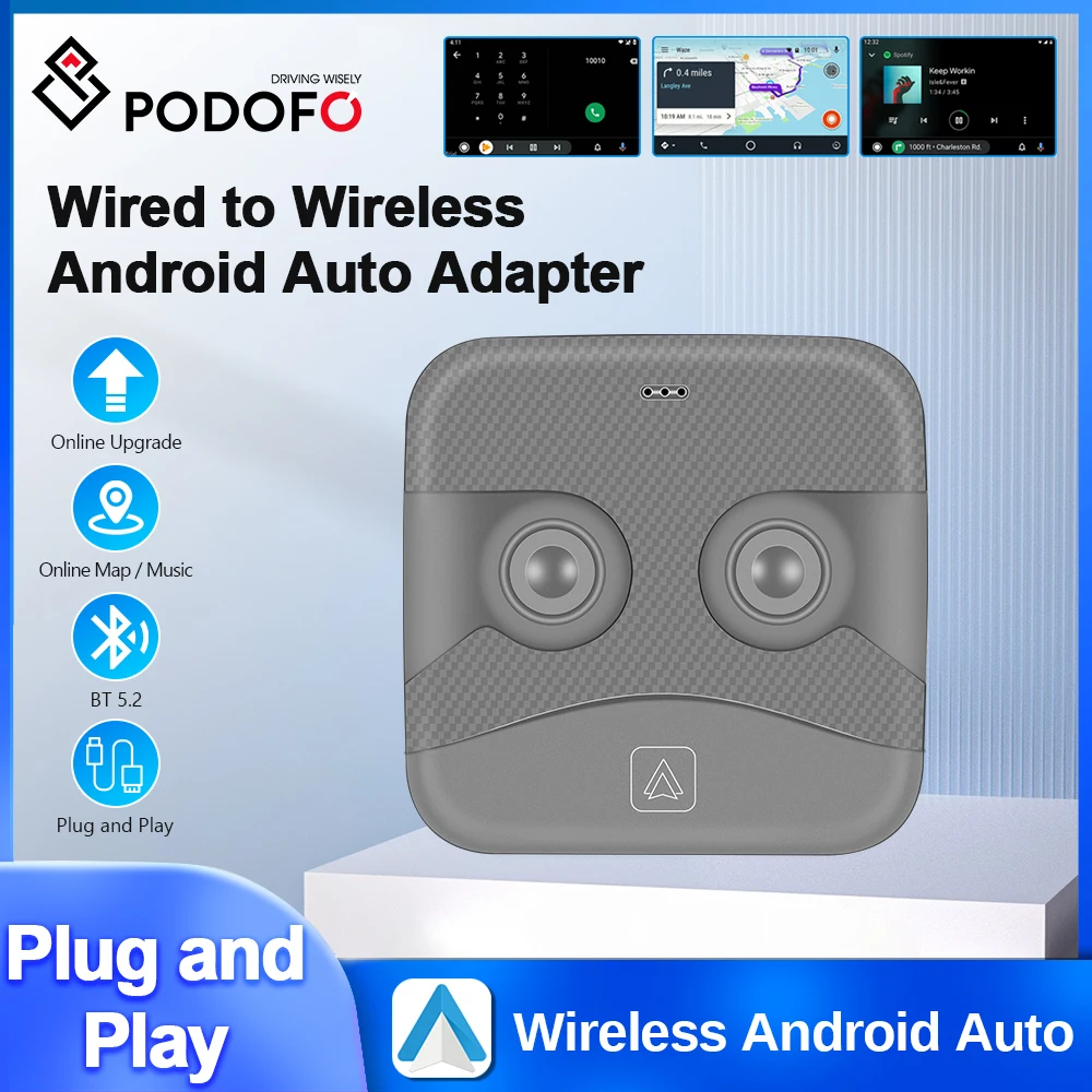 Podofo Android Auto Box Wireless Android Auto Adapter Carplay Dongle Bluetooth USB Type-C WIFI Voice Assistant For Audi VW