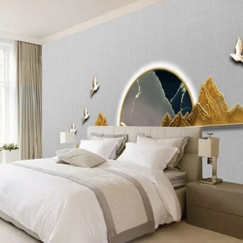 New Chinese-style light luxury three-dimensional relief gilded landscape marble TV luxury home bedroom background wall