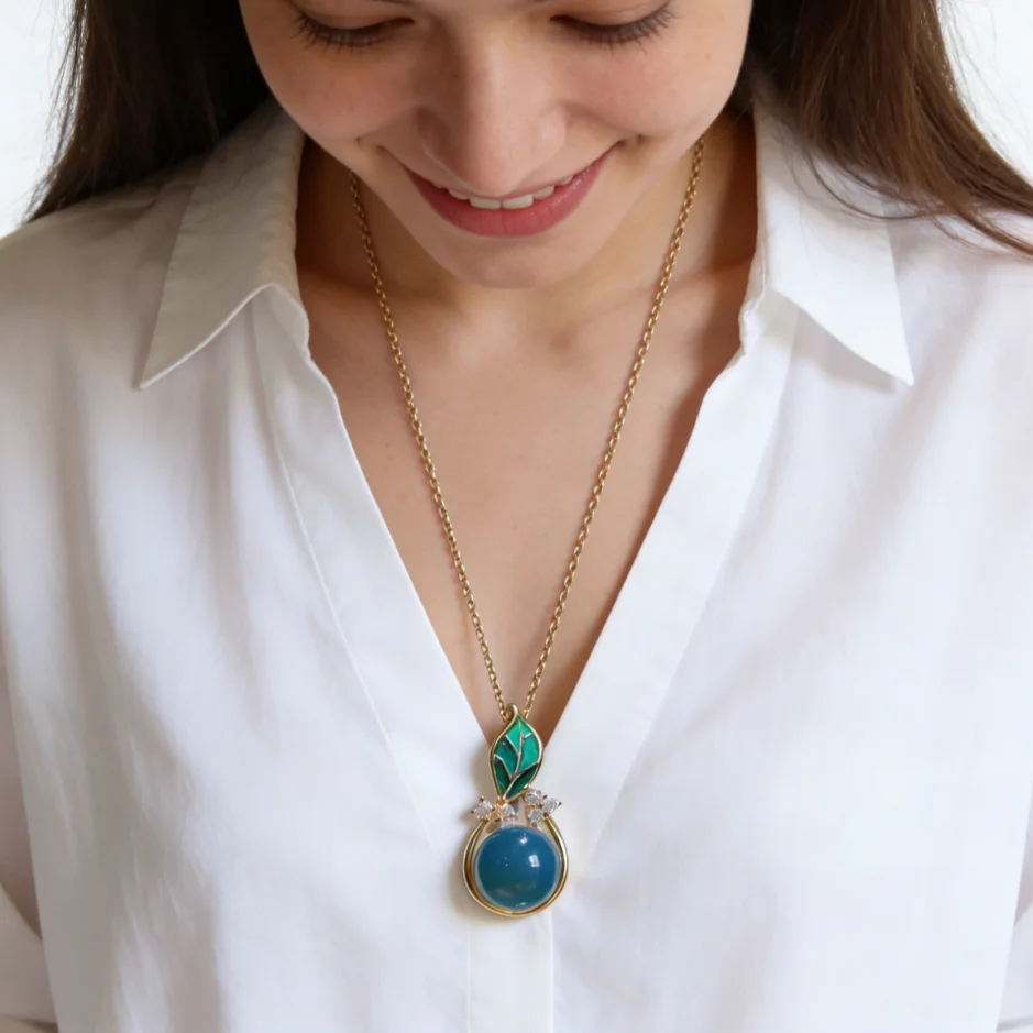 Natural Mexican Blue Amber 11mm round Leaf Pendant with Green Enamel Art Nouveau Style Sterling Silver Jewelry