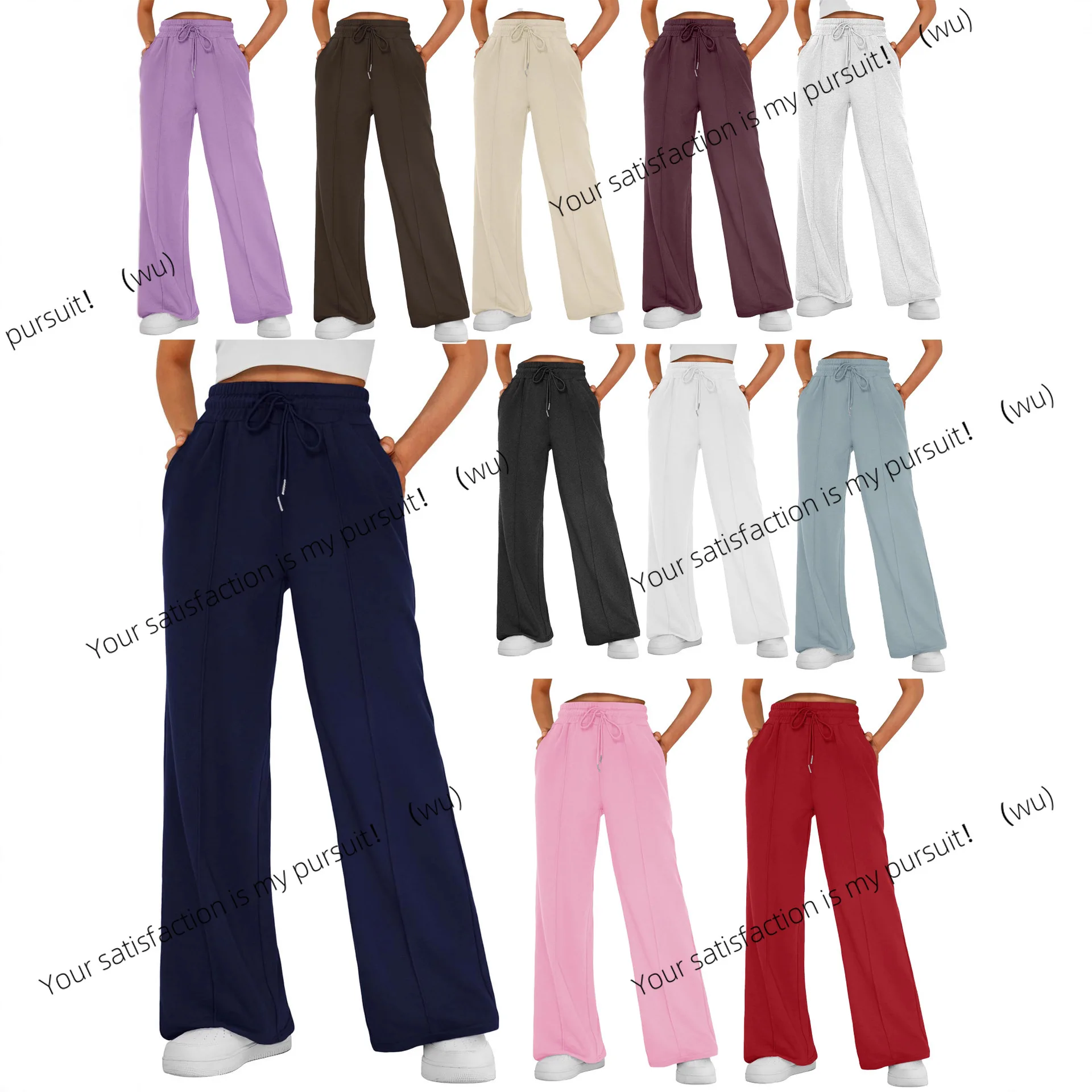 Celana panjang lurus warna polos dengan potongan pinggang sedang, celana kasual yang ramping.