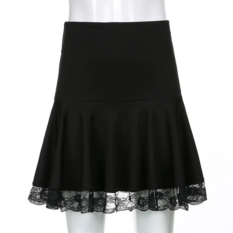 Lace Long Skirt Gothic Black Patchwork Women Casual Sexy Mini Dark Y2K Aesthetic Slim High Waist Skirt