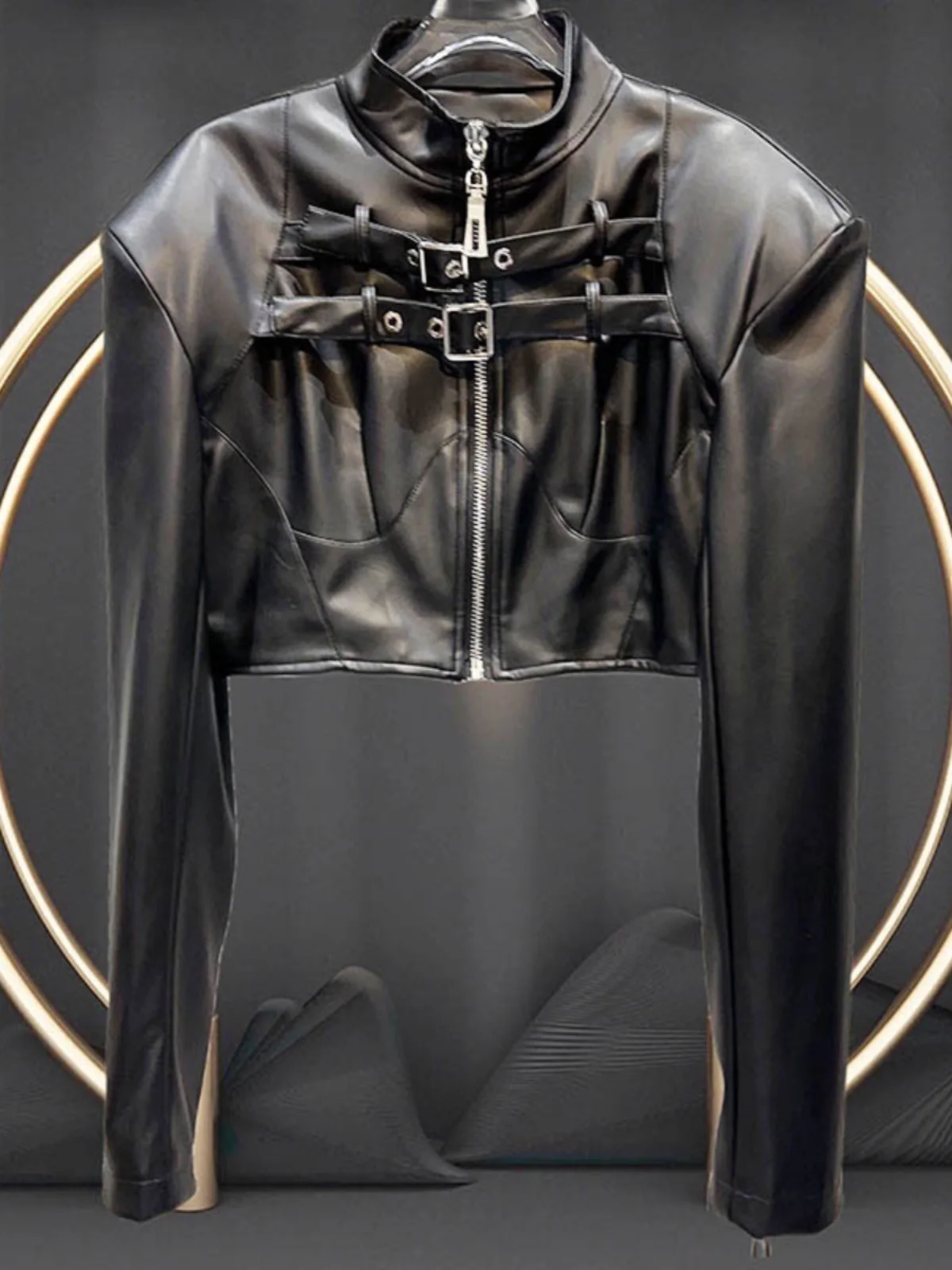 Jaqueta Feminina de Couro PU Estilo Retrô Americano Cool Girl, com Zíper, Gola, Ajuste Slim, Estilo Motoqueiro, Comprimento Médio