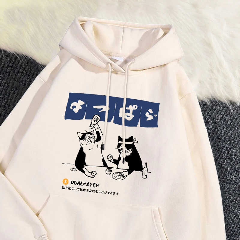 Fashion Woman Hoodie Original Japanese Retro Cat Printed Sweatshirt Loose Pocket Warm Fleece Pullover Autumn Winter Streetwear