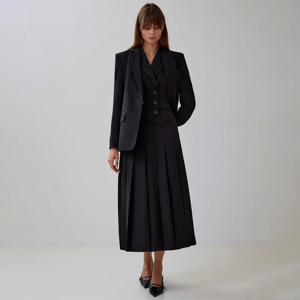 Women Skirt Set Autumn Elegant Long Skirt Suit Sleeveless Vest Blazer And Pleated Long Skirt Two-Piece Suit Women Skirt Outfits