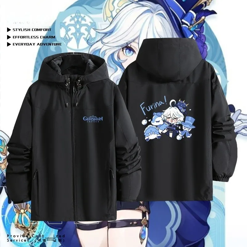 

Genin Impact Furina Cartoon Two-Piece Jaet Tee-in-One Windproof Outdoor Casual Loose Fit Polyester Hooded Coat